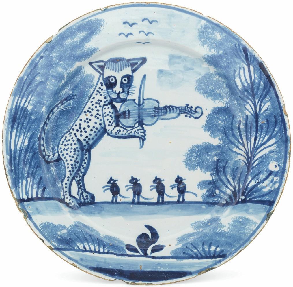 Whimsical English blue and white delftware dish