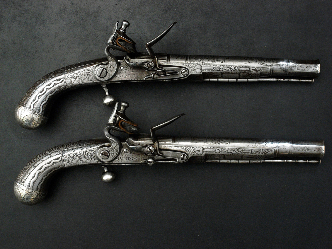 Alban Arms - A fine pair of Scottish steel and silver inlayed lobe butt pistols by Thomas Murdoch of Doune with 7.5 inch barrels circa 1760..jpg